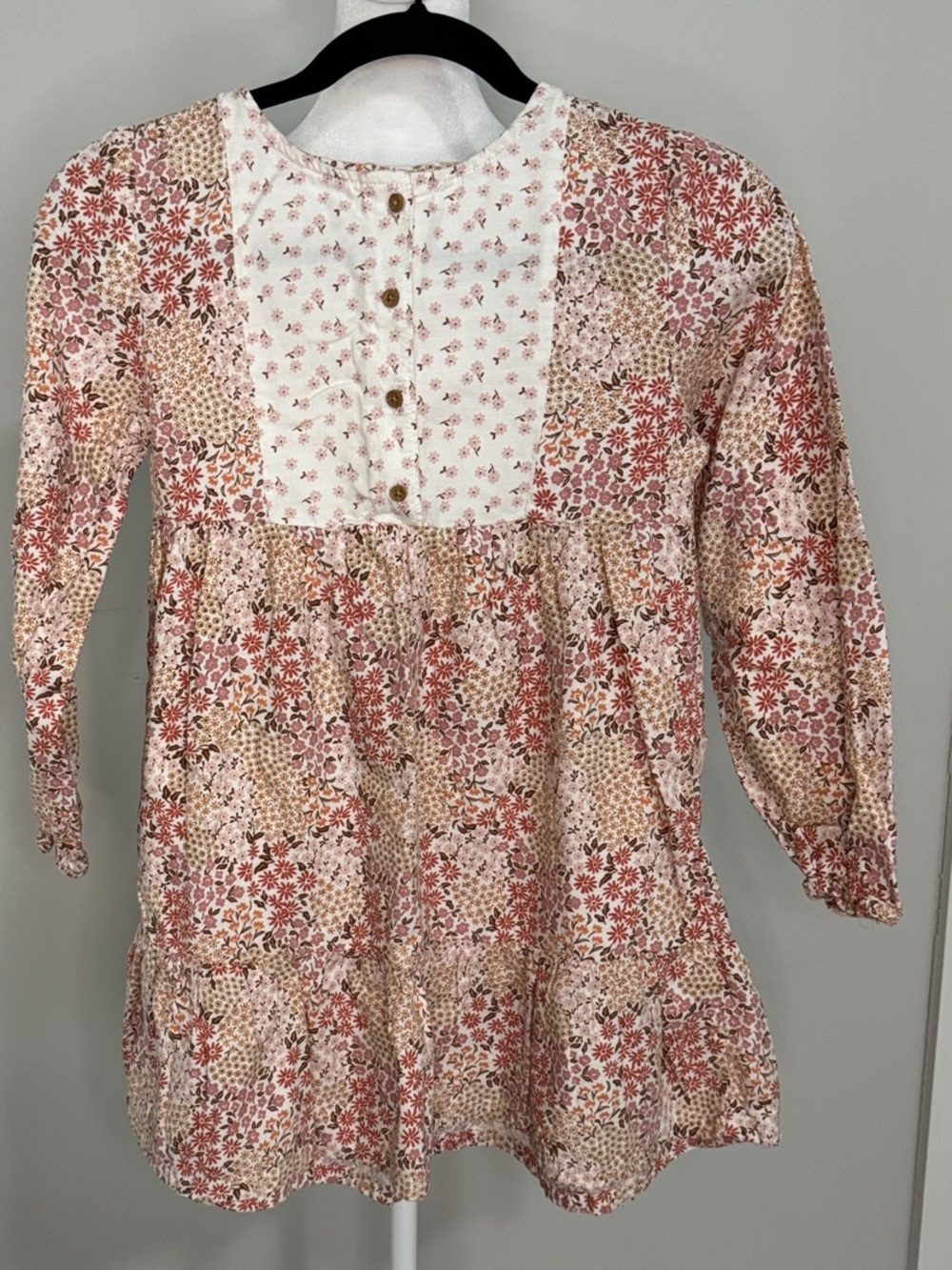 Girls' Floral Patchwork Button-Front Dress - Pink & Cream
